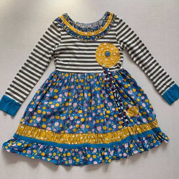 Jelly Pug Girls Sz 7 Striped Fall Apples Ruffle Flower Long sleeved Dress - Picture 1 of 8